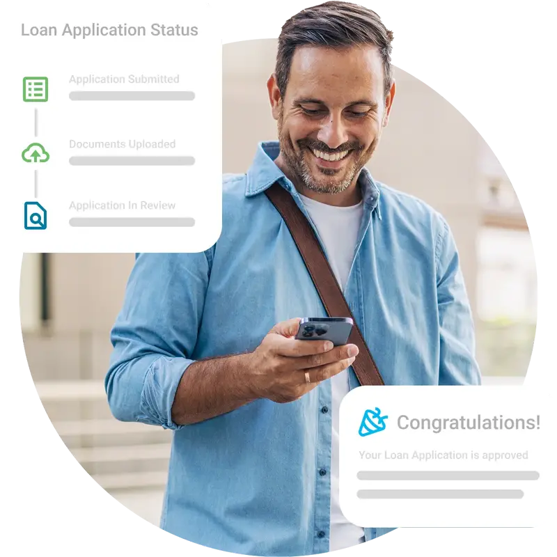Man using digital lending platform or banking software app to apply for a loan on his phone overlaid by UX popups showing loan application status and a congratulations your loan application is approved